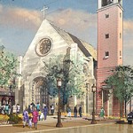 The new design for the USC Catholic Community Center includes a European limestone church that will seat up to 350.