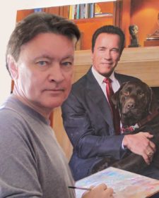 Photograph of Alexander V. Orlov with his painting of Arnold Schwarzenegger, a work commissioned by the former governor.