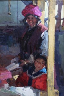 American Legacy Fine Arts presents "Grandmother and Granddaughter at Market" a painting by Jove Wang.
