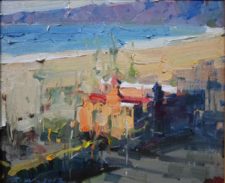 American Legacy Fine Arts presents "Sunset Jonathan Beach Club" a painting by Jove Wang.
