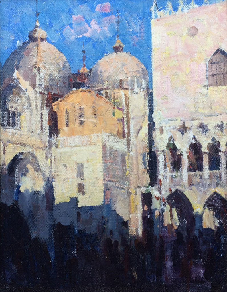 American Legacy Fine Arts presents "Summer Sunset at Piazza San Marco, Venice" a painting by Jove Wang.