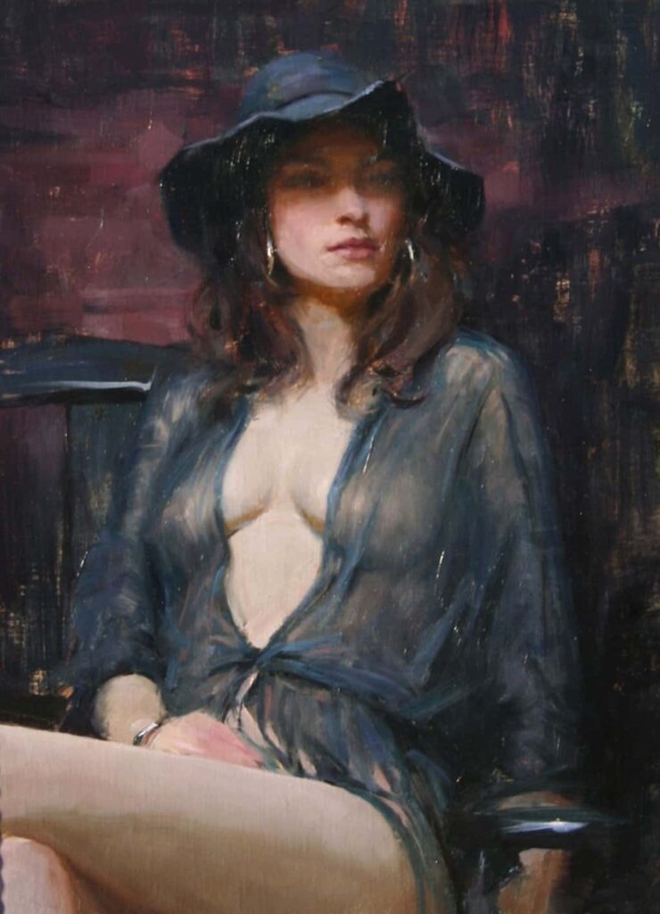 American Legacy Fine Arts presents "Ava in Sheer Blue" a painting by Jeremy Lipking.
