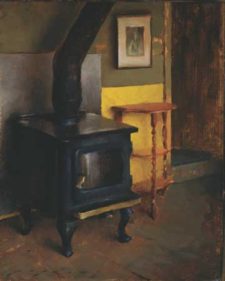 American Legacy Fine Arts presents "Interior with Stove; The Artist's Cabin Studio" a painting by Jeremy Lipking.