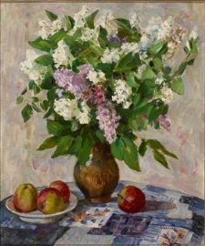 American Legacy Fine Arts presents "Lilacs in Vase, 1970" a painting by Boris Mikhailovich Lavrenko (1920-2001) .