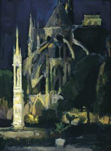 American Legacy Fine Arts presents " Notre Dame Cathedral before Midnight; Paris" a painting by Peter Adams.
