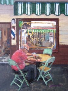American Legacy Fine Arts presents "The Barbershop Club, Farmer's Market, LA" a painting by Scott W. Prior.