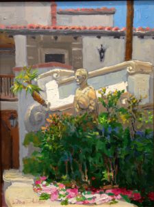 American Legacy Fine Arts presents "Statue of Juan Cabrillo in the Courtyard in the Courtyard of Bowers Museum" a painting by Peter Adams.