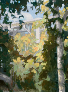 American Legacy Fine Arts presents "Foliage and Structure; Colorado Street Bridge, Arroyo Seco, Pasadena" a painting by Peter Adams.