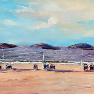 George Gallo - Five Umbrellas, Oil on canvas 18" x 72"