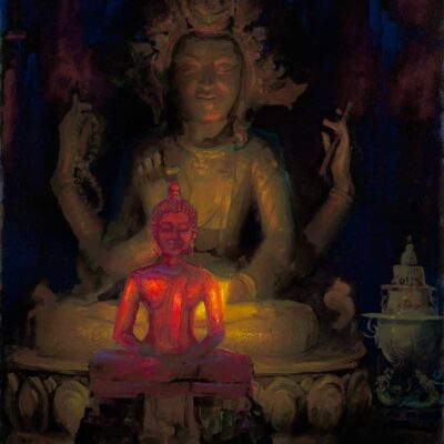 American Legacy Fine Arts presents "Red Amber Buddha with Bronze Tara" a painting by Peter Adams.