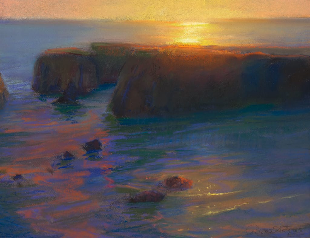 American Legacy Fine Arts presents "Late Afternoon Glare Over the Headlands, Mendocino California" a painting by Peter Adams