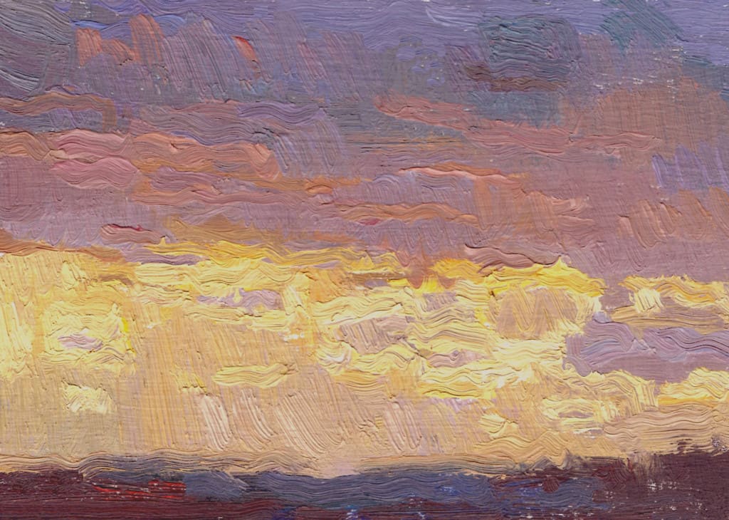 American Legacy Fine Arts presents "Cloudy Sunset over the Pacific Ocean from Monterey Park" a painting by Eric Merrell