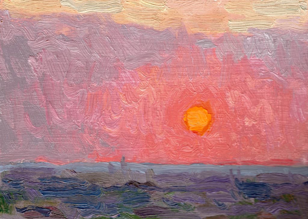 American Legacy Fine Arts presents "Blazing Orb; Sunset over the Pacific Ocean from Monterey Park" a painting by Eric Merrell.
