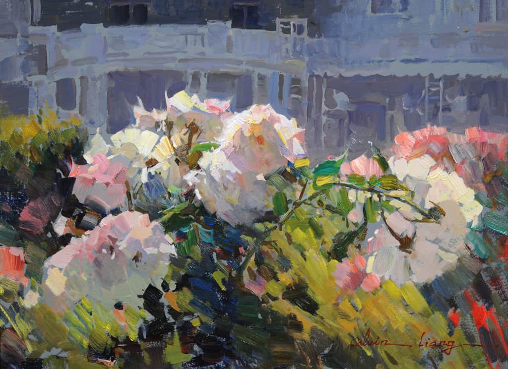American Legacy Fine Arts presents "The Roses in Front of the Club" a painting by Calvin Liang.