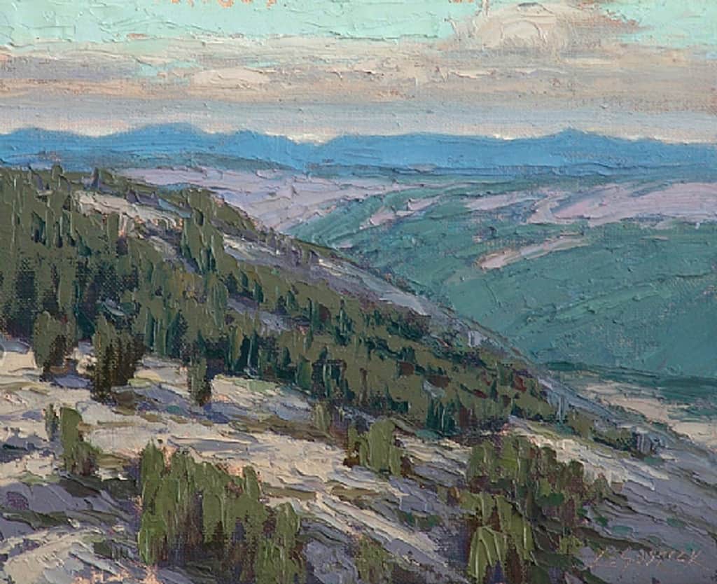 American Legacy Fine Arts presents "Sierra Ridge View; Near Silver Lake, Sierra Nevada Range, CA" a painting by Jean LeGassick.