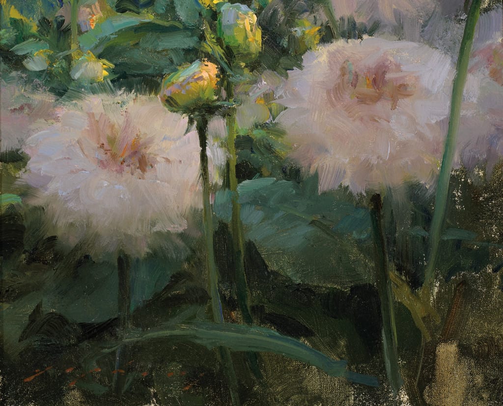 American Legacy Fine Arts presents "Pink Dahlias" a painting by Jeremy Lipking.