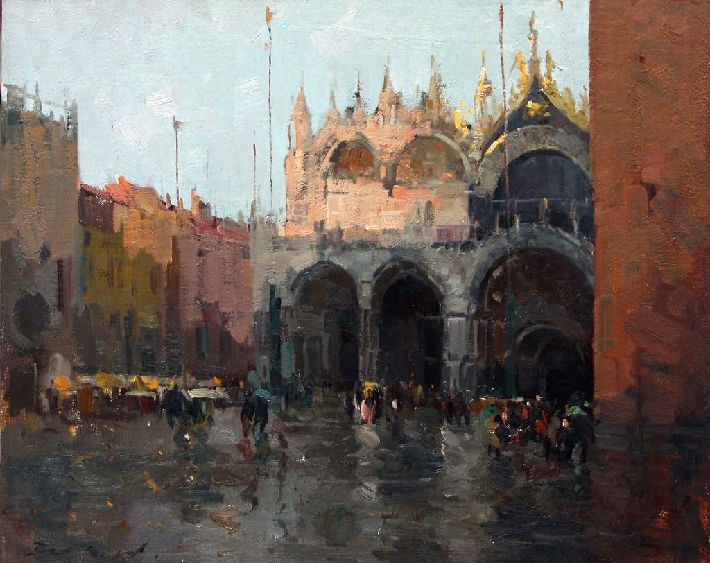 American Legacy Fine Arts presents "Rainy Day at Piazza San Marco" a painting by Jove Wang.