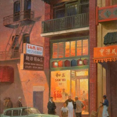 American Legacy Fine Arts presents "Sam Wo Restaurant, San Francisco, 1960" a painting by Mian Situ.
