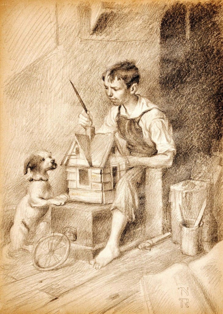 American Legacy Fine Arts presents Painting the Little House, 1921" a drawing by Norman Rockwell.