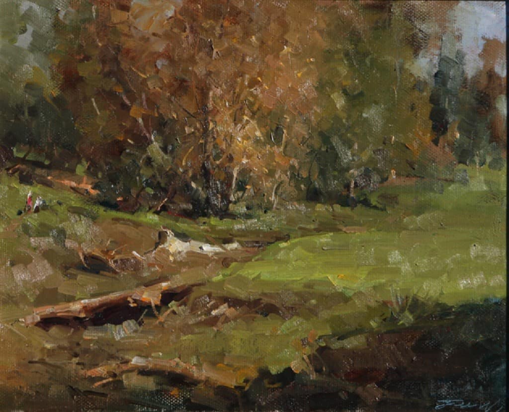 American Legacy Fine Arts presents "Gold Course in Autumn" a painting by Jove Wang.