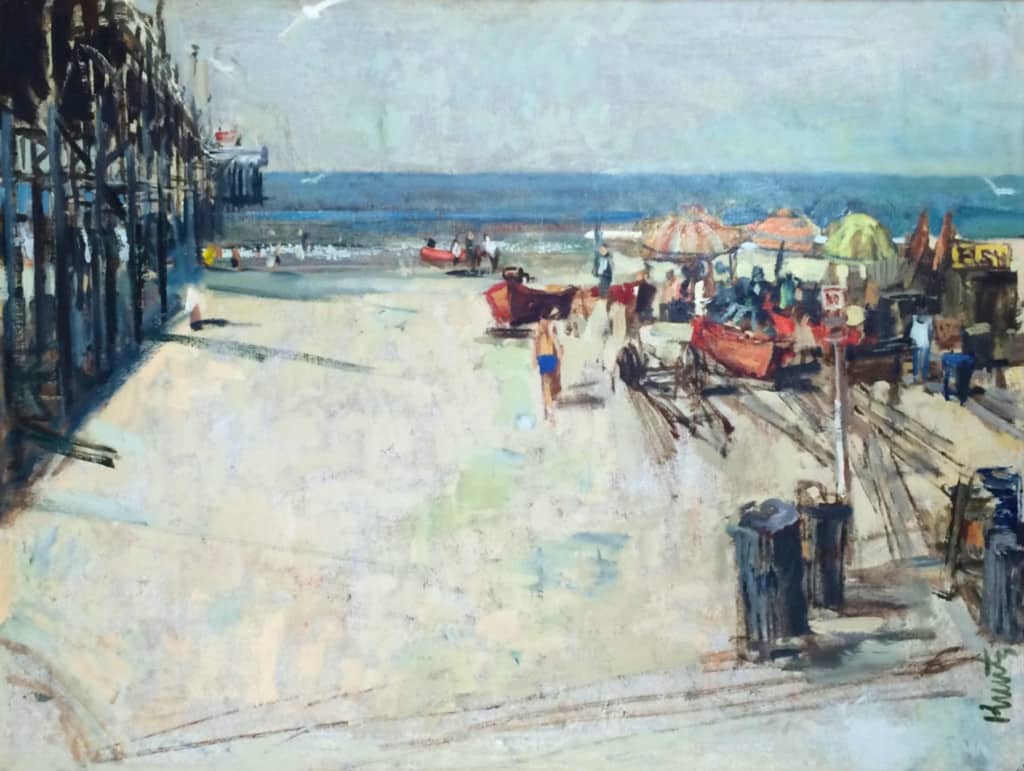 American Legacy Fine Arts presents "Untitled (Newport Pier at McFadden Place), c. 1963" a painting by Roger E. Kuntz (1926-1975).