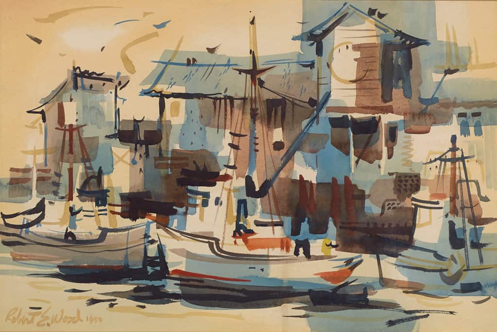 American Legacy Fine Arts presents "Untitled; Harbor Scene" a painting by Robert E. Wood (1926-1999).