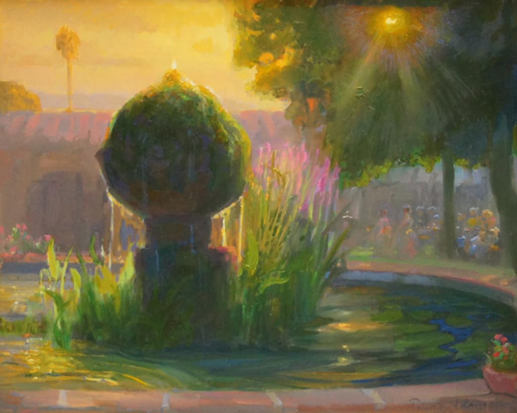 American Legacy Fine Arts presents "Mission Fountain at Sunset" a painting by Peter Adams.