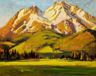 Enjoy a mid-day break viewing fine art!
Alfred Richard Mitchell (1888-1972)
Morning Light, Mt. Shasta, California, c. 1932
Oil on Masonite panel
16" x 20"
Featured in our upcoming exhibition: Scenic Route: A Half-Century of California Discovery, 1900-1950
Description
In Morning Light on Mt. Shasta, Alfred R. Mitchell masterfully captures the grandeur of one of California’s most iconic peaks, an active volcano in the state’s northern region. Measuring 16 x 20 inches—a favored size for the artist’s plein air work that fit neatly into his sketch box and was easily carried into the field—this composition reflects Mitchell’s direct, on-location approach. The scene leads the viewer’s gaze upward through a natural V-shaped corridor formed by the pine trees in the middle ground, guiding the eye toward the snow-capped summit. The mountain is rendered with bold, confident strokes in luminous tones of pink, gold, and lavender, while the foreground valley bursts with lavish greens and warm oranges. Though grounded in realism, the painting reveals Mitchell’s expressive use of color and brushwork, conveying not just the appearance but the vitality of the landscape in the first golden light of day.
Historical Significance
Known as the “Dean of San Diego Artists,” Alfred R. Mitchell was a pivotal figure in California Impressionism and a founding member of the San Diego Museum of Art. A graduate of the Pennsylvania Academy of the Fine Arts under William Merritt Chase, Mitchell brought a strong academic foundation to his plein air practice. Mt. Shasta, one of California’s most majestic natural landmarks, has long been celebrated in the visual arts as a symbol of the West’s enduring beauty. This painting embodies the California plein air ethos of the mid-20th century—bold color, vibrant light, and a reverence for the state’s unspoiled landscapes.
Join Us for the Private Opening Reception for Scenic Route
Friday, August 15, from 5:00 to 7:00 pm