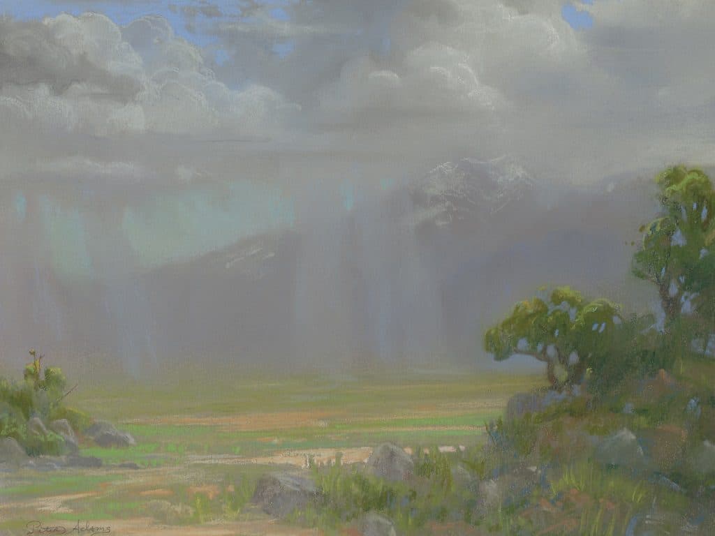 American Legacy Fine Arts presents "Distant Showers at the Bar E Ranch; North Side of Mt. Shasta" a painting by Peter Adams.