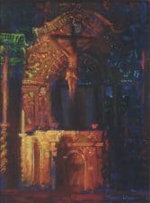 American Legacy Fine Arts presents "Light in Serra Chapel" a painting by Peter Adams.
