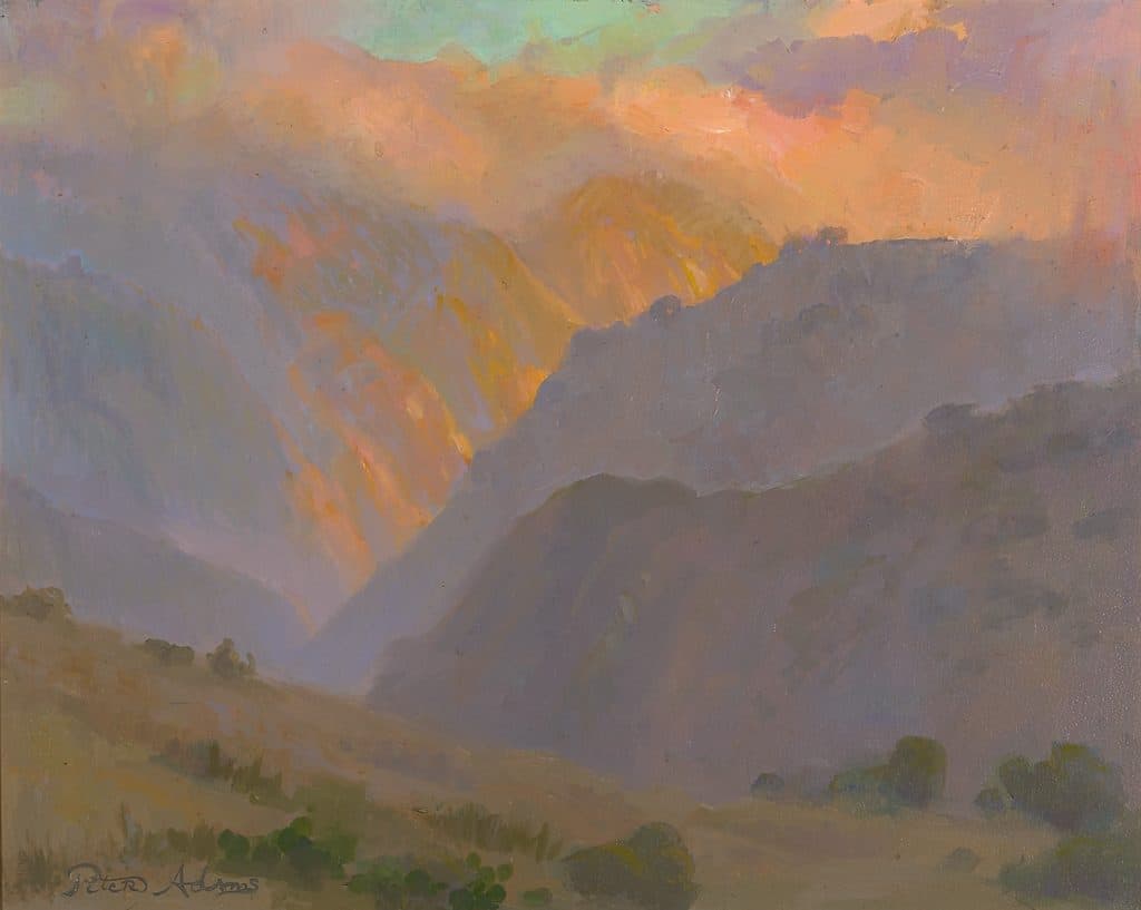 American Legacy Fine Arts presents "Afternoon Fogbank over Silver Canyon, Catalina Island" a painting by Peter Adams.