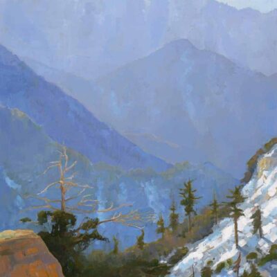 American Legacy Fine Arts presents "Backlit View of Twin Peaks, San Gabriel Mountains" a painting by Peter Adams.