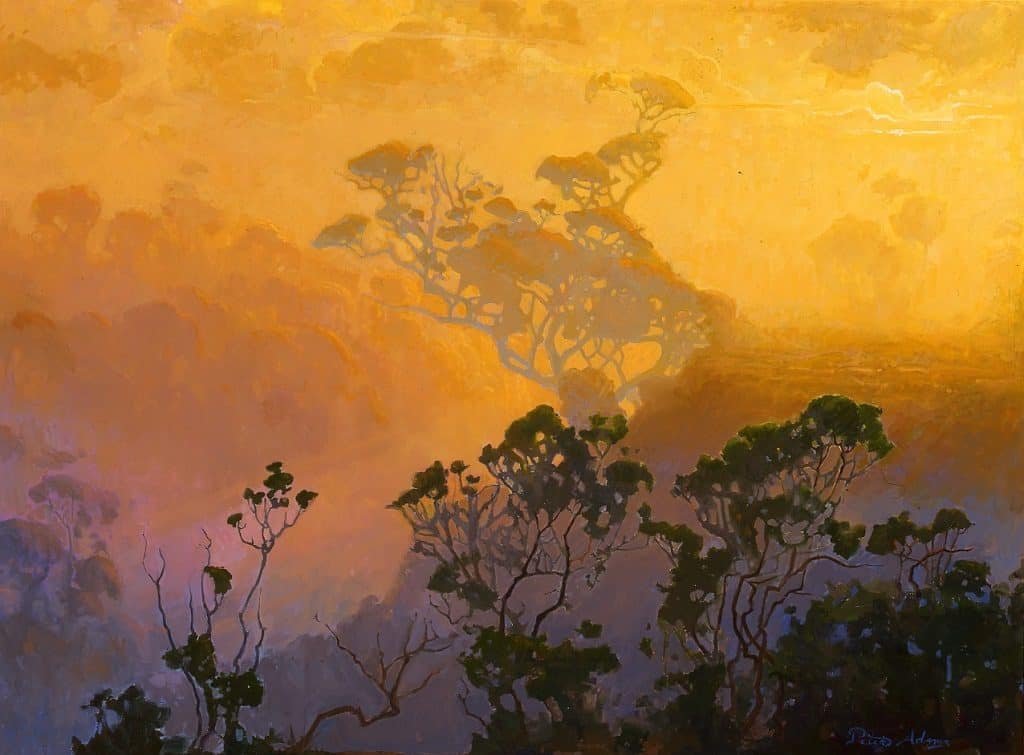 American Legacy Fine Arts presents "California Wilderness in Fog; Palo Alto" a painting by Peter Adams.
