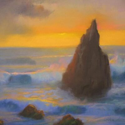 American Legacy Fine Arts presents "Coming Storm at Sunset Sharks Cove, Catalina" a painting by Peter Adams.