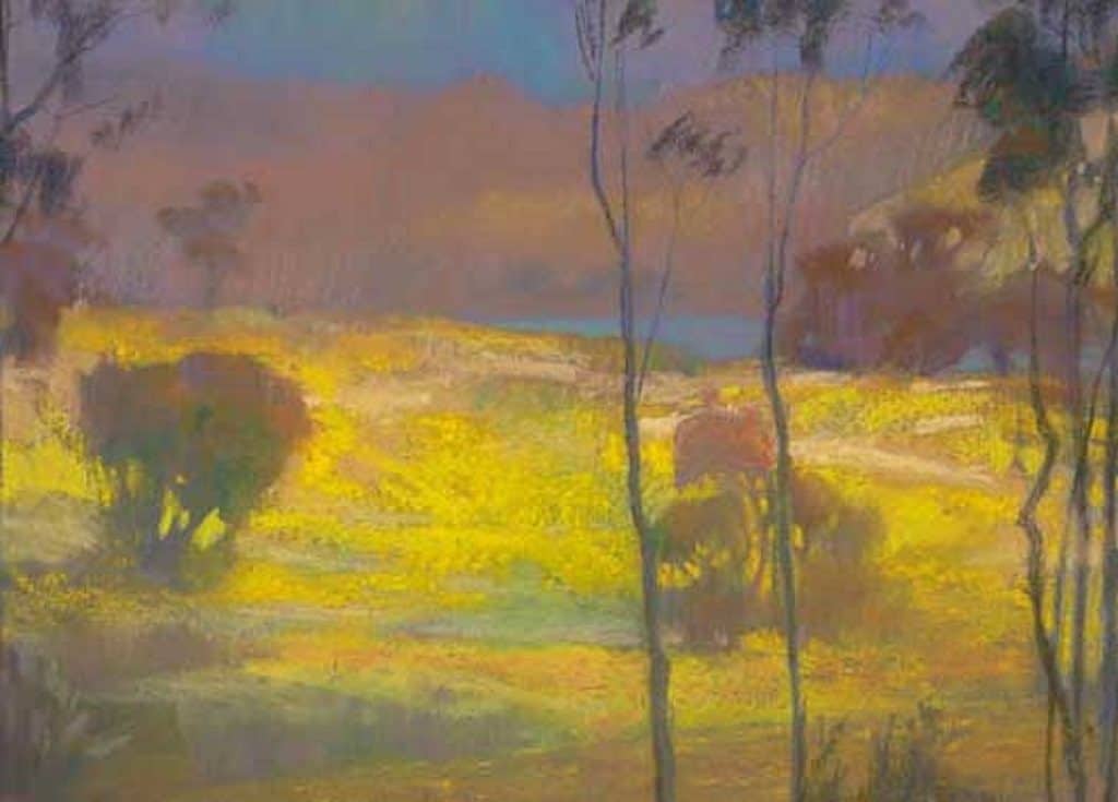 American Legacy Fine Arts presents "Mustard Field; Batiquitos Lagoon" a painting by Peter Adams.
