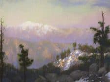 American Legacy Fine Arts presents "View from Mt. Baldy from Mt. Waterman at Dusk" a painting by Peter Adams.