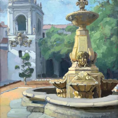 American Legacy Fine Arts presents "Courtyard Fountain at Pasadena City Hall" a painting by Peter Adams.
