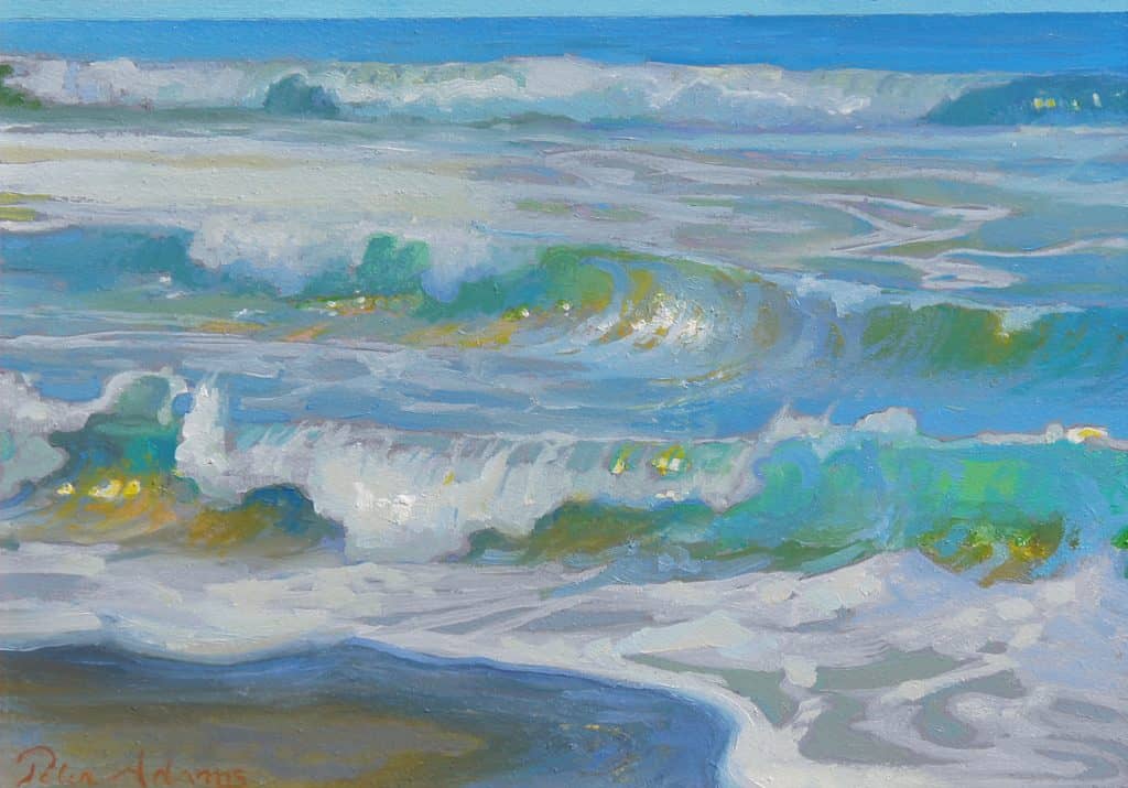 American Legacy Fine Arts presents "Morning Surf Glare; Oceanside, California" a painting by Peter Adams