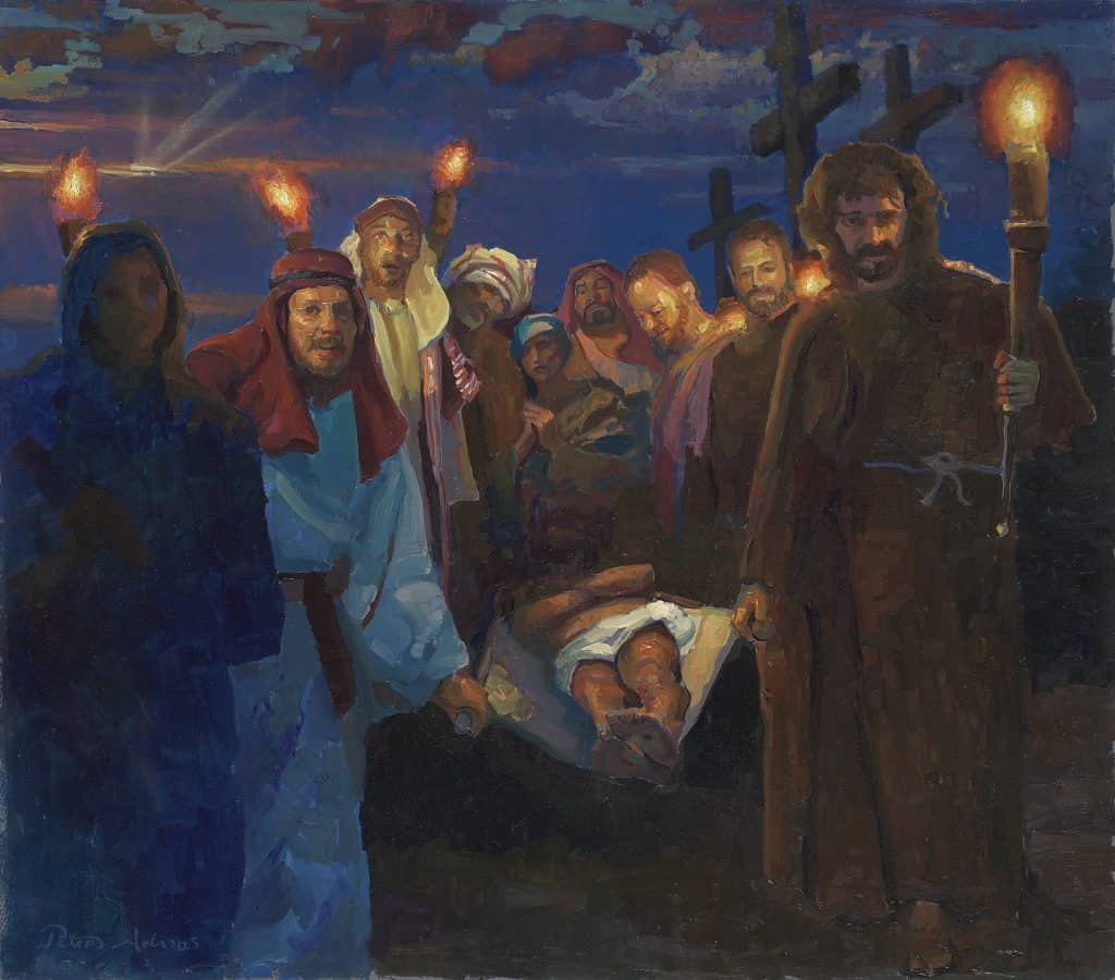 American Legacy Fine Arts presents "14 Stations of the Cross (14) The Entombment" a painting by Peter Adams.