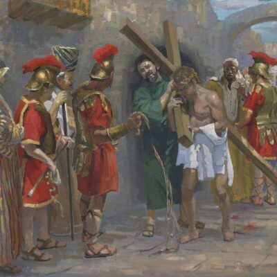 American Legacy Fine Arts presents "14 Stations of the Cross (5) Simon of Cyrene Helps Jesus Carry the Cross" a painting by Peter Adams.