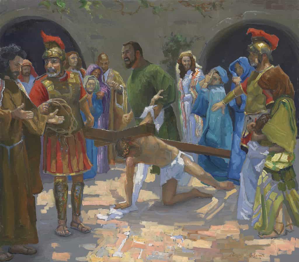 American Legacy Fine Arts presents "14 Stations of the Cross (7) Jesus Falls for the Second Time" a painting by Peter Adams.