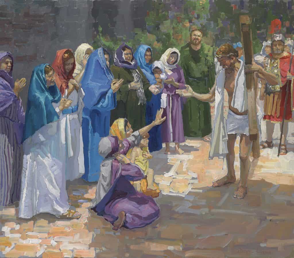 American Legacy Fine Arts presents "14 Stations of the Cross (8) Jesus Speaks to the Women of Jerusalem" a painting by Peter Adams.