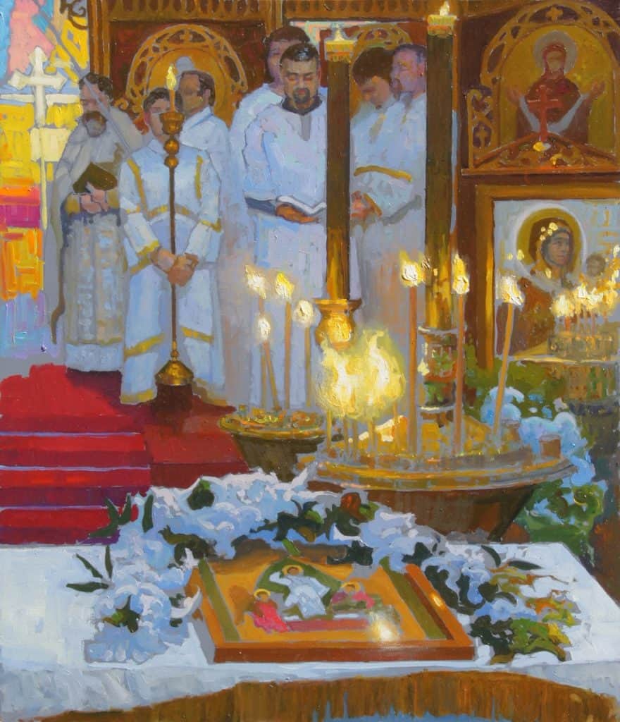 American Legacy Fine Arts presents "Paschal Service; Russian Orthodox Church" a painting by Peter Adams.