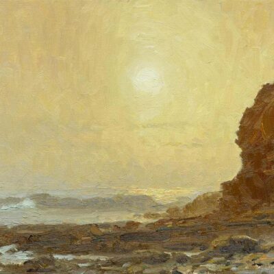 American Legacy Fine Arts presents "Misty Sunset at Cabrillo Beach" a painting by Stephen Mirich.