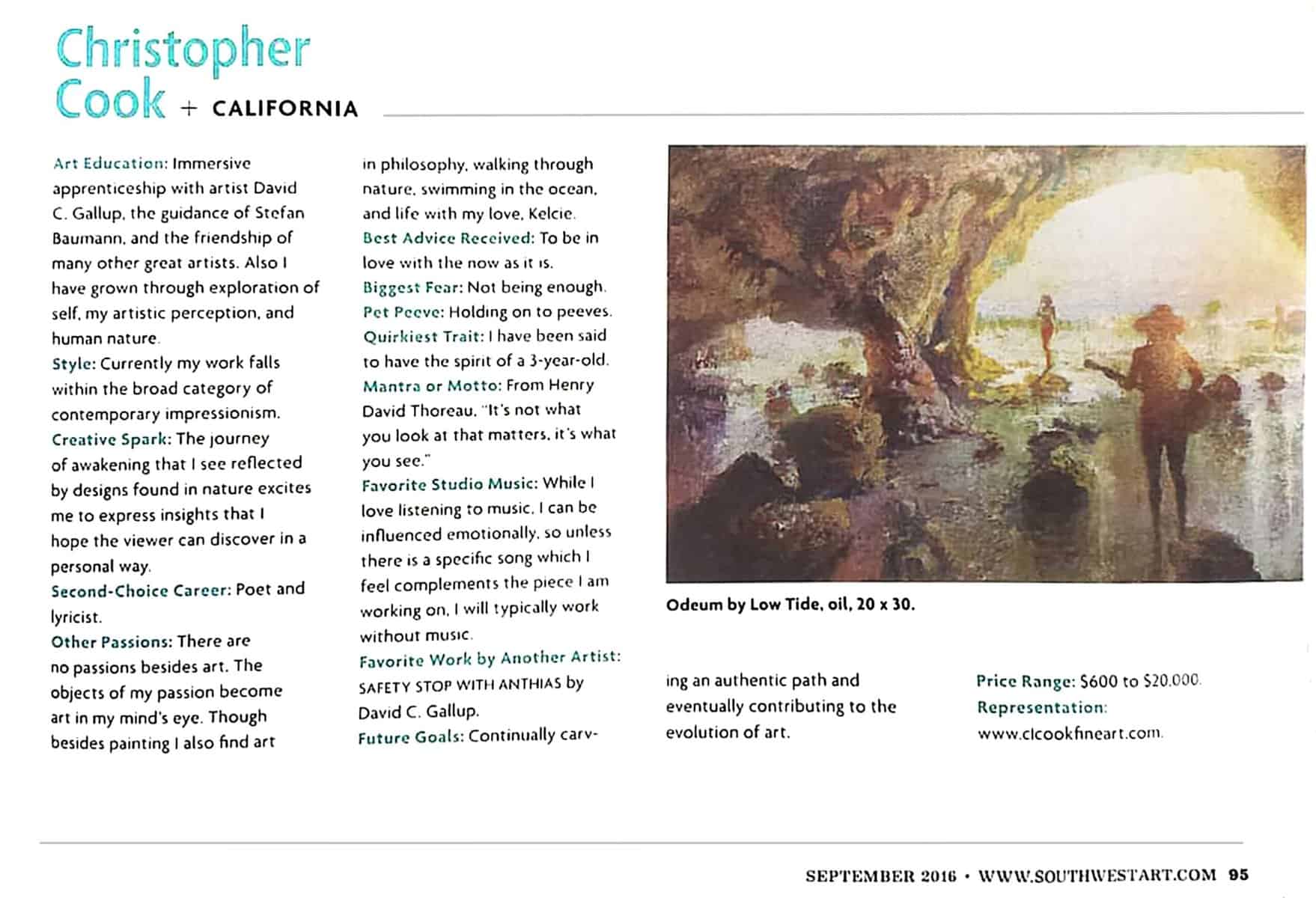 American Legacy Fine Arts presents Christopher Cook in Southwest Art Magazine September 2016.