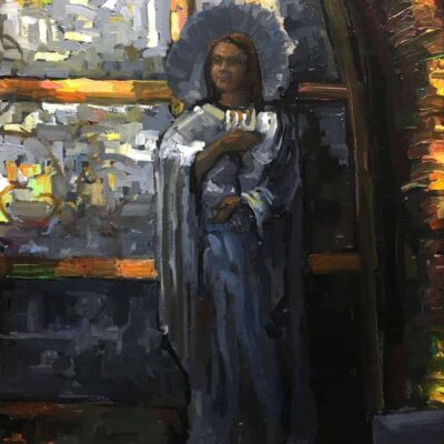 American Legacy Fine Arts presents "Mary Magdelene at the Foot of the Cross, Church of the Holy Sepulcher" a painting by Peter Adams.