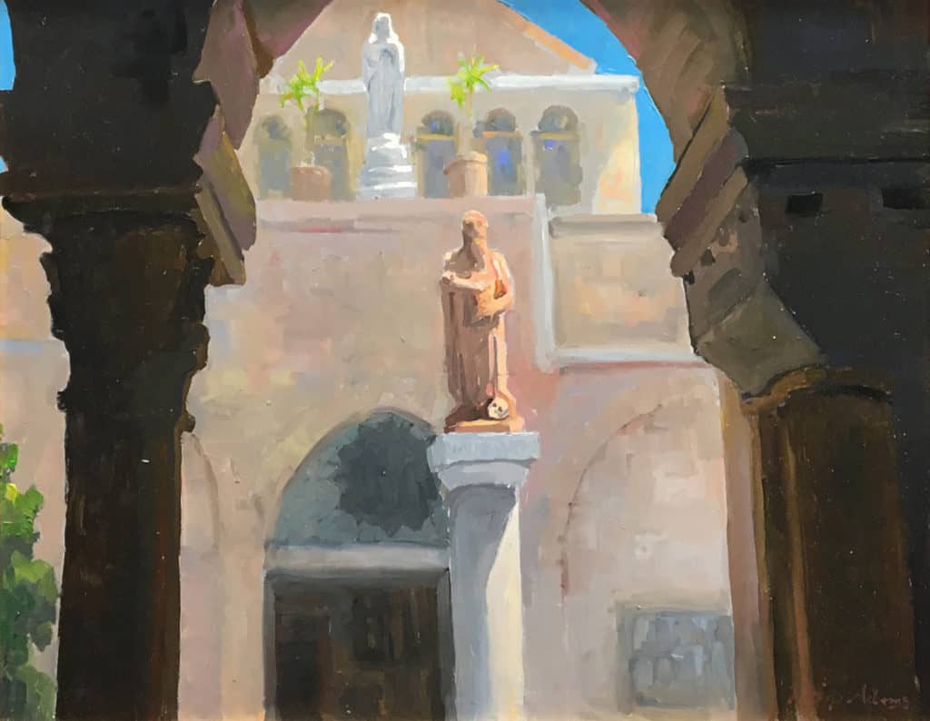 American Legacy Fine Arts presents "St. Jerome & St. Catherine of Alexandria, Church of St. Catherine, Bethlehem" a painting by Peter Adams.