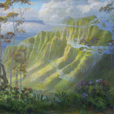 American Legacy Fine Arts presetns "Parting Mist; Kalalau Lookout, Kauai" a painting by Peter Adams.