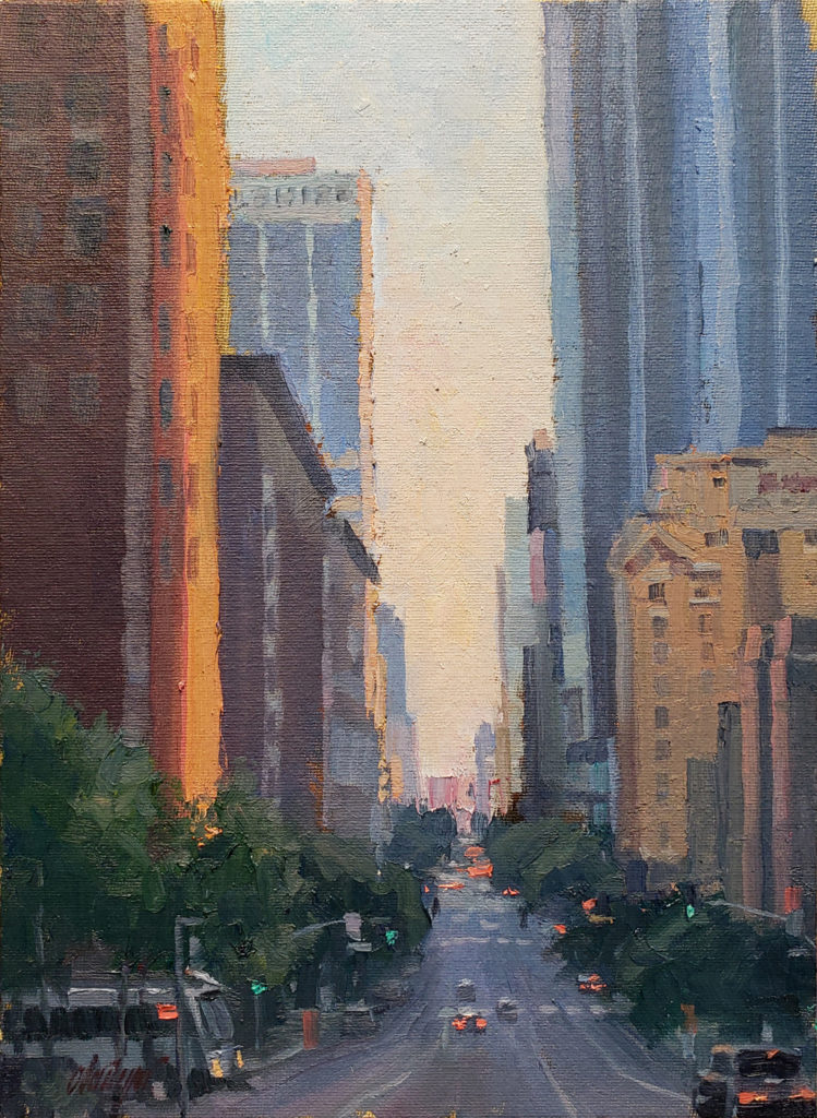 American Legacy Fine Arts presents "Flower Street Canyon; Los Angeles" by Michael Obermeyer.