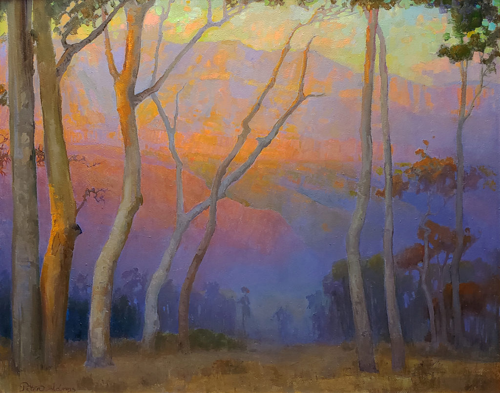 American Legacy Fine Arts presents "Eucalyptus Overlooking the San Gabriels at Sunset" a painting by Peter Adams